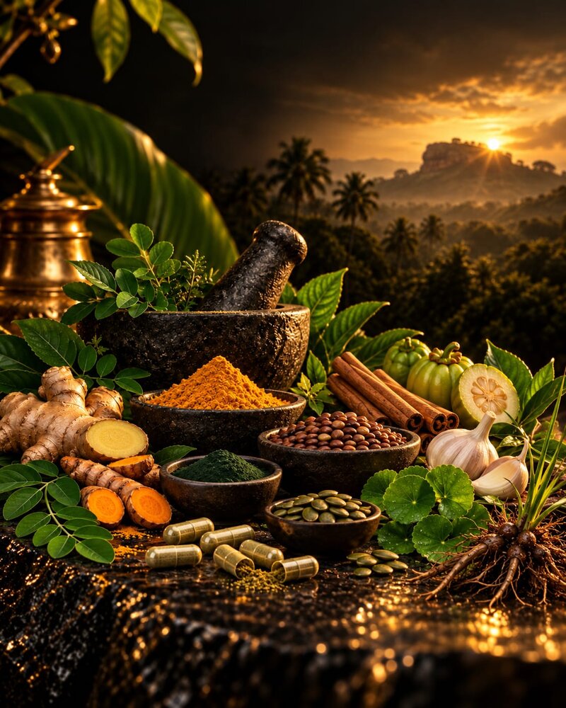 Traditional Sri Lankan herbs and spices at sunset