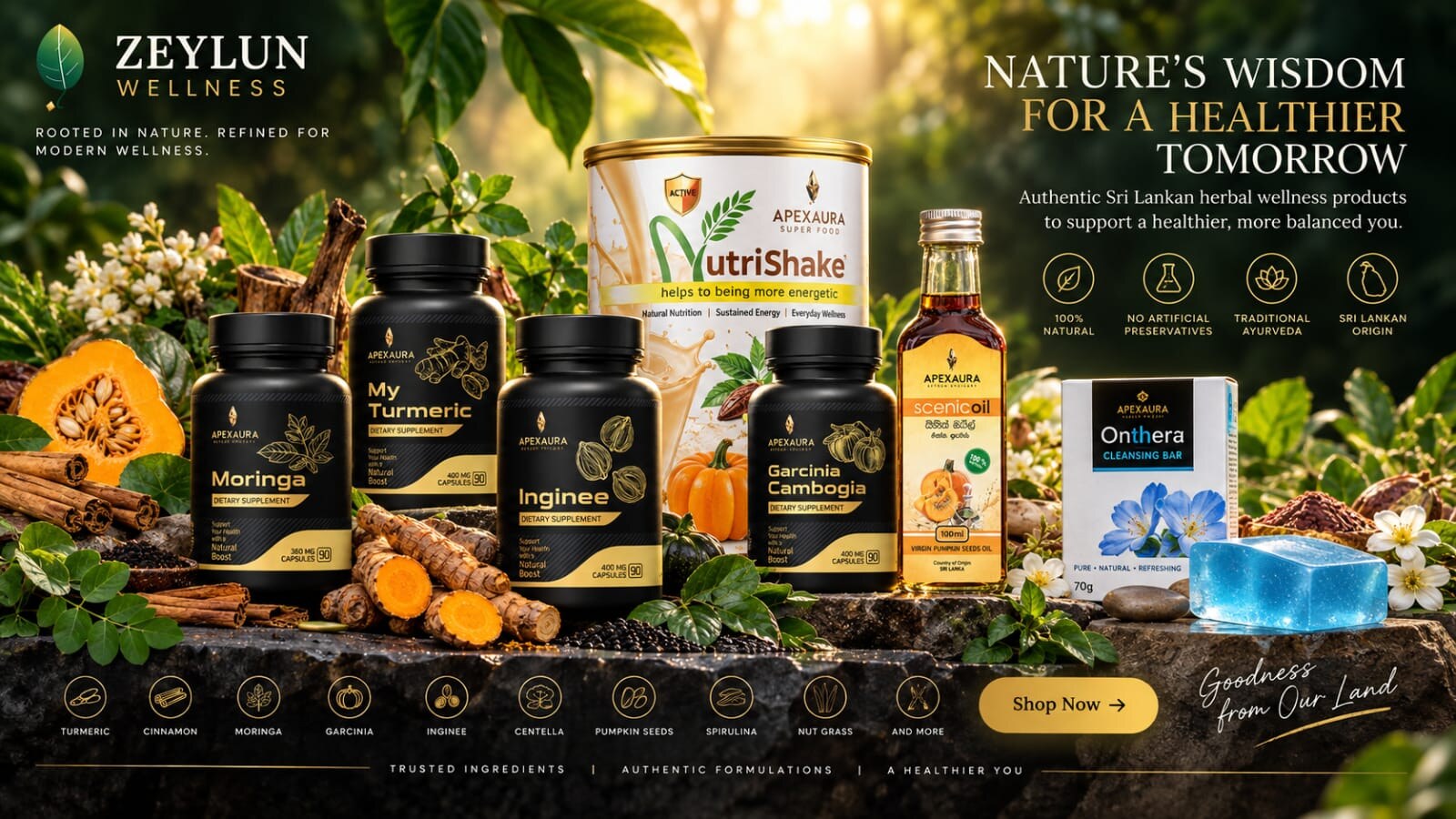 Zeylun Wellness herbal wellness range: Moringa, My Turmeric, Inginee, Garcinia Cambogia, NutriShake, Scenic Oil and Onthera Cleansing Bar, surrounded by fresh Sri Lankan herbs and spices